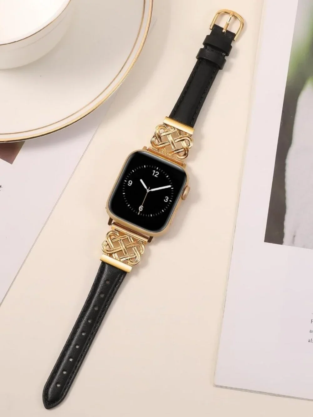 Stylish Slim Leather Apple Watch Band for Women - Celtic Knot Buckle, Black/Gold